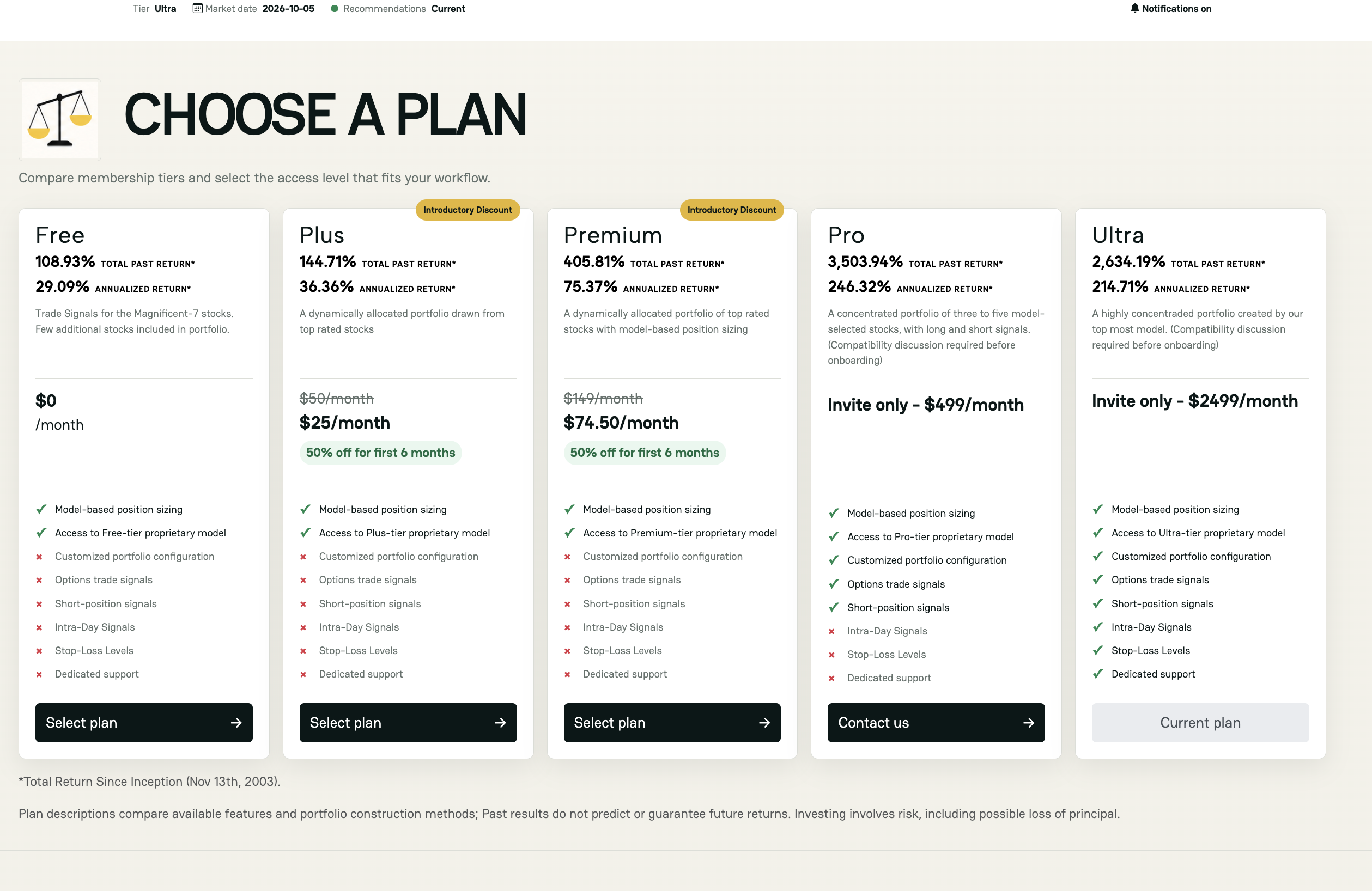 Sample plans screen comparing fictional feature tiers